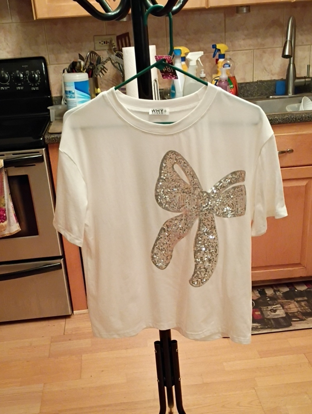 WHY White Short Sleeve Tee with Silver Sequin Bow